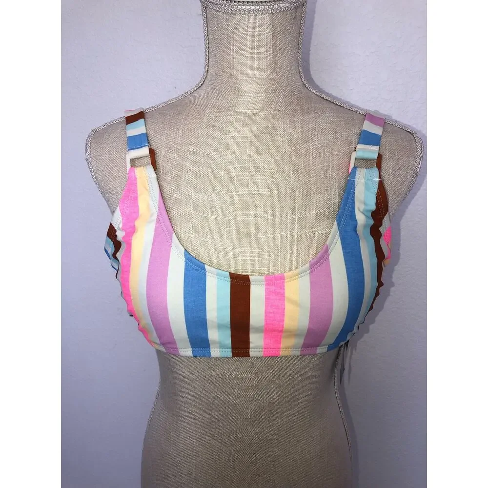 California Waves Rainbow Stripe Adjustable Strap Bralette Bikini Top - L